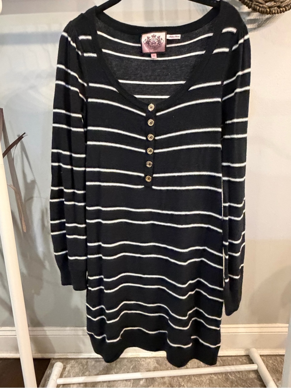 Juicy Couture Black and White Striped Long-Sleeve Henley Dress -Medium